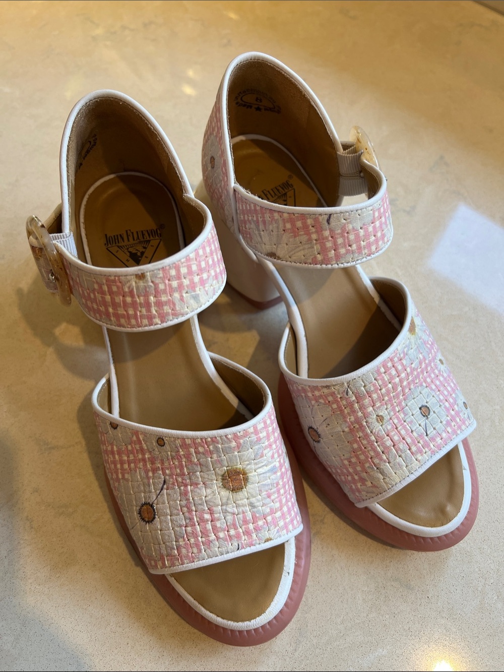 John Fluevog Pink and White Quilted Floral Strap Sandals